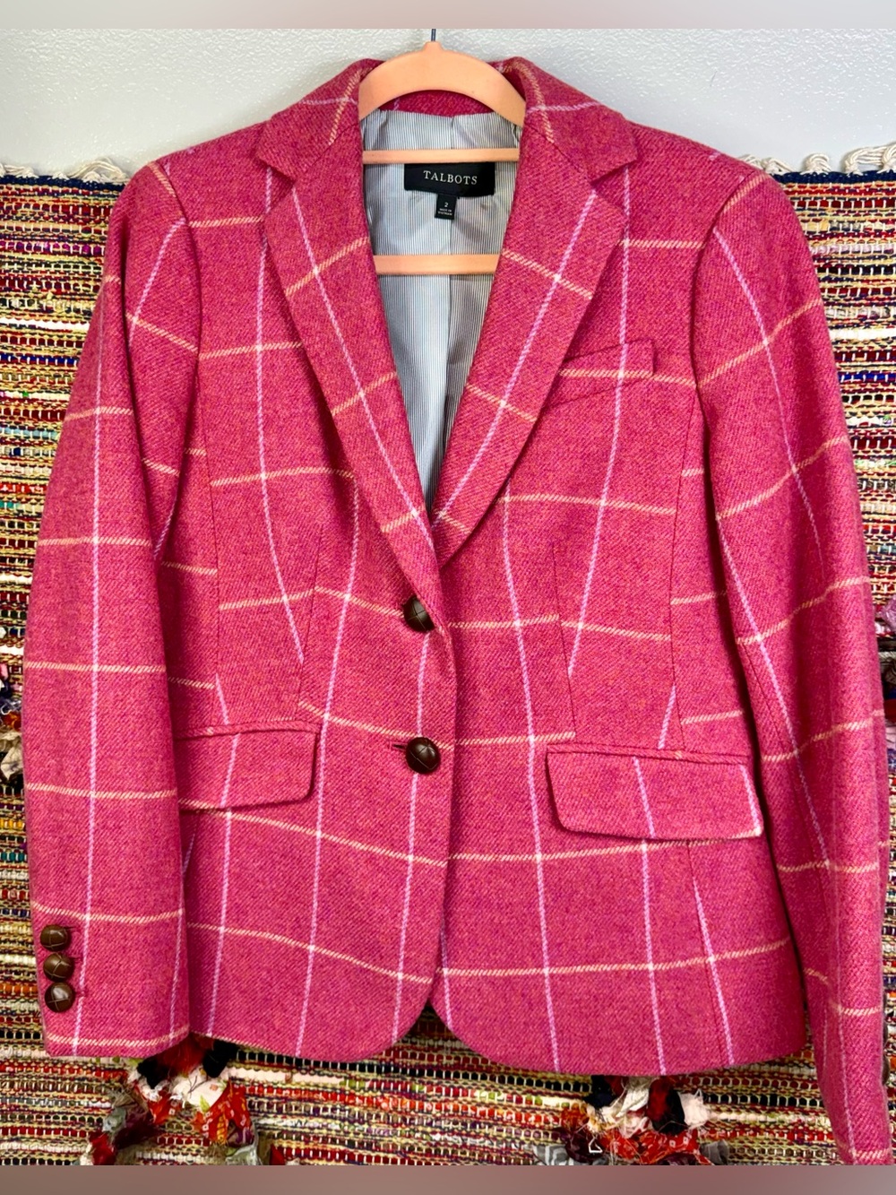 Talbots Pink Windowpane Wool-Blend Blazer size 2 Wooden Buttons